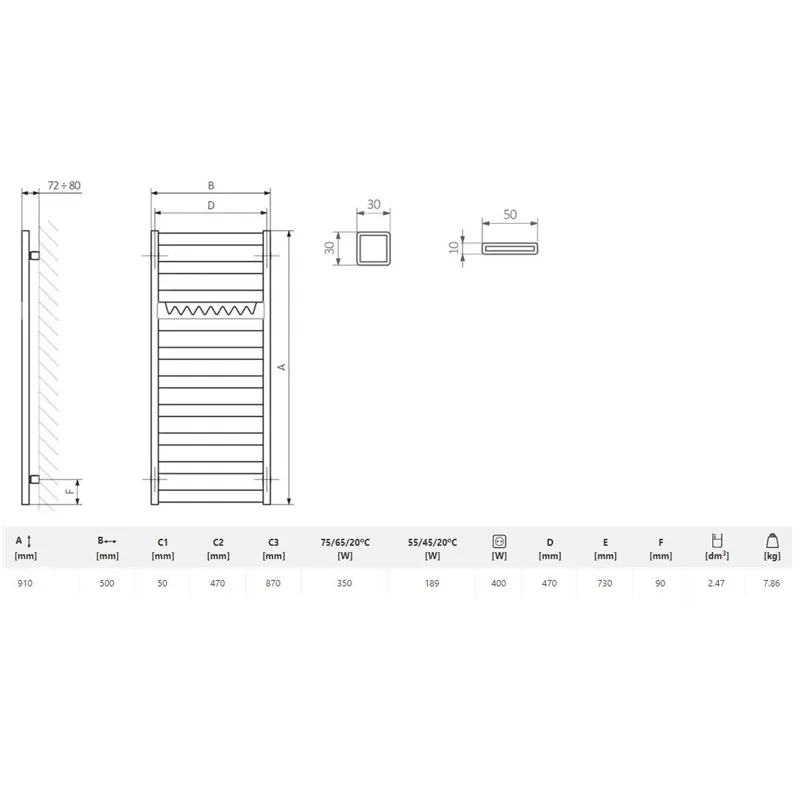 Ar ūdeni apsildāms dvieļu žāvētāja stienis Terma Vivo, white wall krās., 50 cm x 91 cm, 400 W