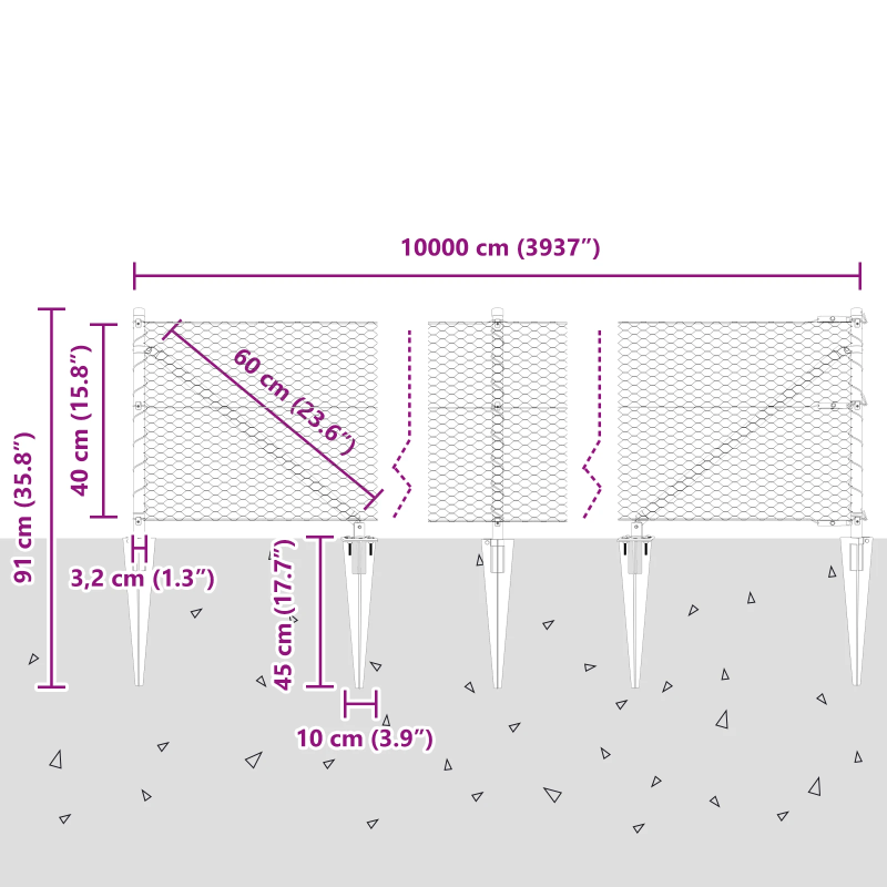 vidaXL Žoga āķis Pelēka 100 x 0,4 m ,25 mm acs, Tērauds un PVC