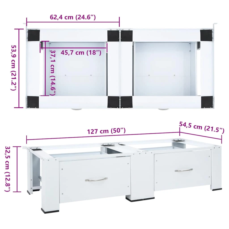 vidaXL dubultais veļas mazgājamās mašīnas statīvs ar atvilktnēm, balts