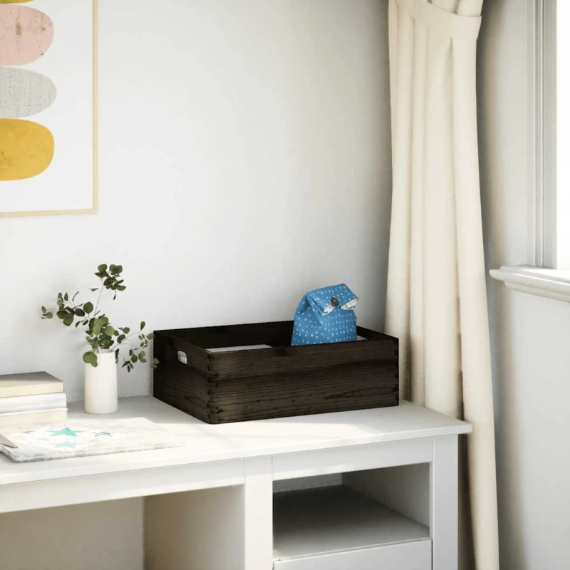 vidaXL koka kaste ar rokturiem, melns, 40x30x13 cm, priedes masīvkoks