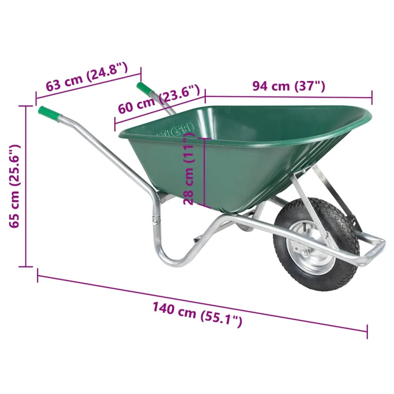 vidaXL Wheelbarrow Green 90 L 150 kg cinkots tērauds un plastmasa