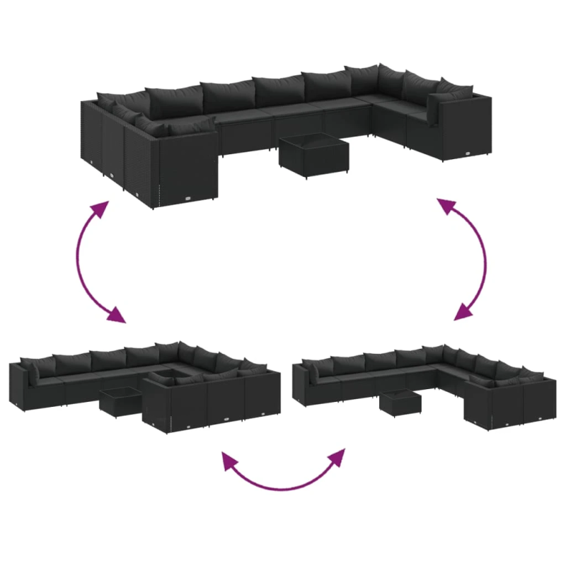 vidaXL 11-daļīgs dārza dīvāna komplekts, matrači, melna PE rotangpalma