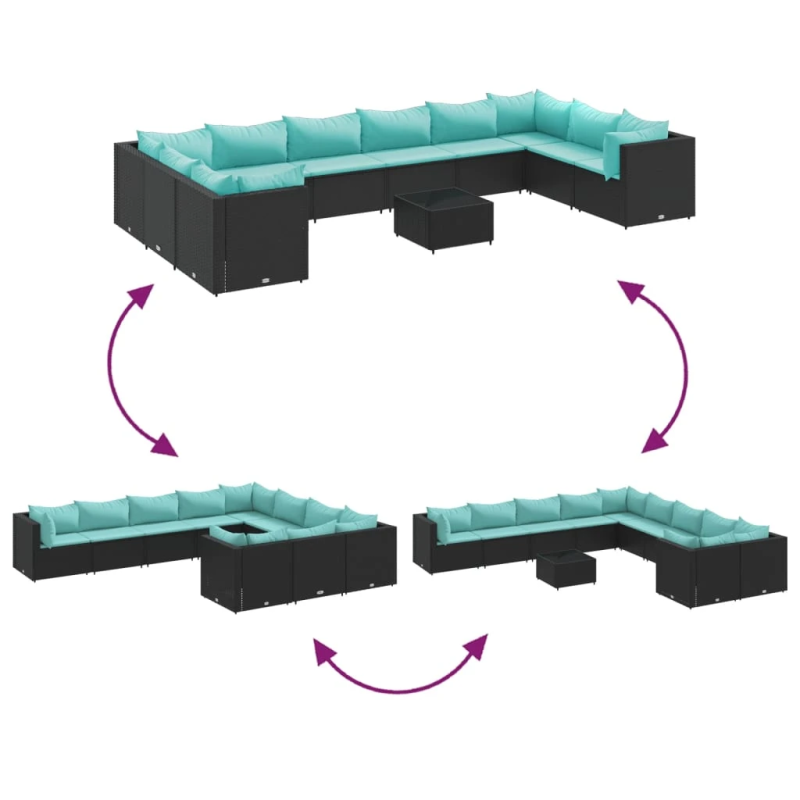 vidaXL 11-daļīgs dārza dīvāna komplekts, matrači, melna PE rotangpalma