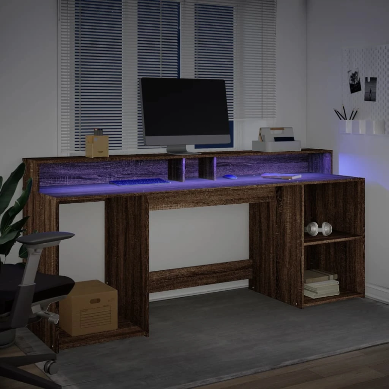 vidaXL rakstāmgalds, LED, ozola krāsa, 200x55x91 cm, inženierijas koks
