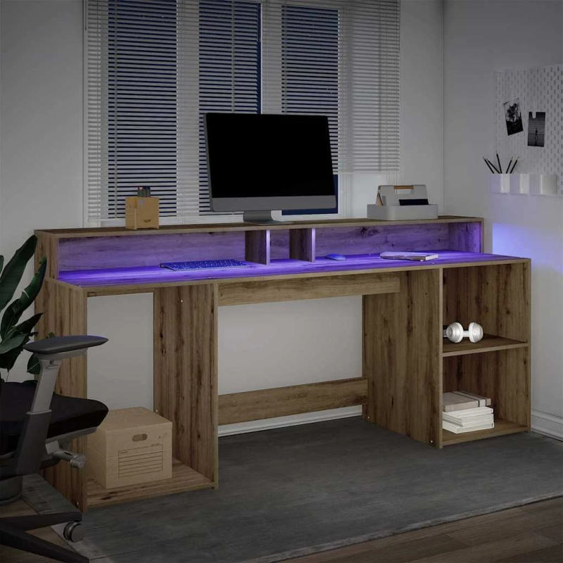 vidaXL rakstāmgalds, LED, koka krāsa, 200x55x91 cm, inženierijas koks