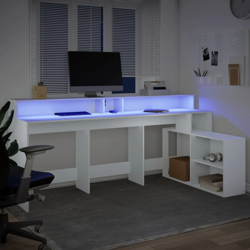 vidaXL rakstāmgalds, LED, balts, 200x104x91 cm, inženierijas koks