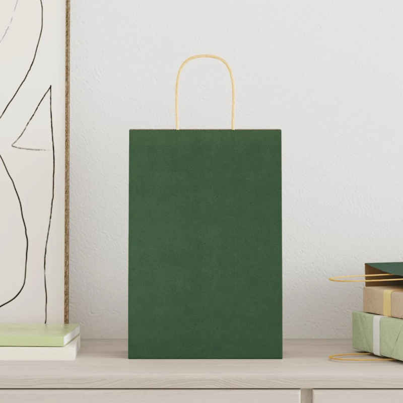 vidaXL papīra maisiņi 250 gab. ar rokturiem, zaļi, 21x11x31 cm