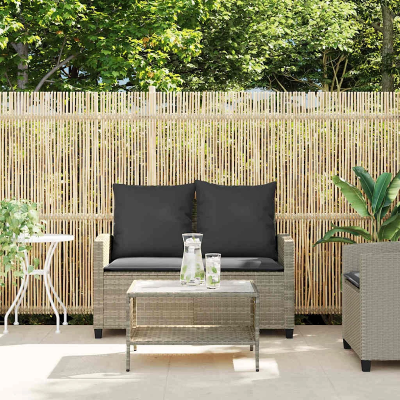 vidaXL Divvietīgs dārza dīvāns ar spilveniem un galdu gaiši pelēks