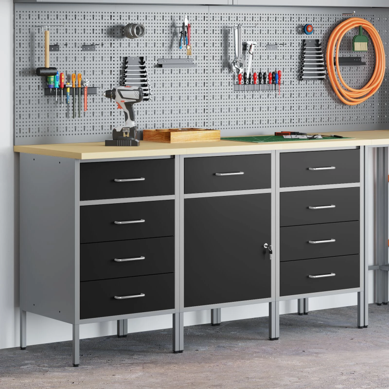 vidaXL Darba skapis ar slēdzeni 3 pcs Melns un pelēks 150 x 55 x 85 cm