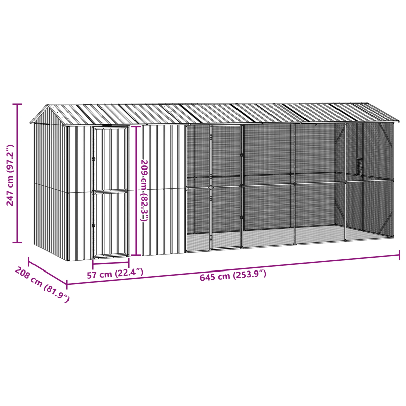 vidaXL Putnu būris Antracīts 645 x 208 x 247 cm Cinkots tērauds