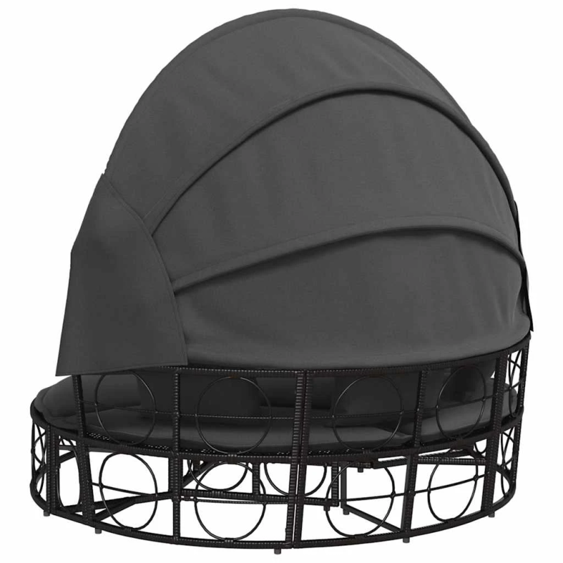 vidaXL dārza atpūtas gulta ar jumtiņu, matračiem, melna PE rotangpalma