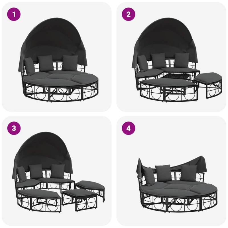 vidaXL dārza atpūtas gulta ar jumtiņu, matračiem, melna PE rotangpalma