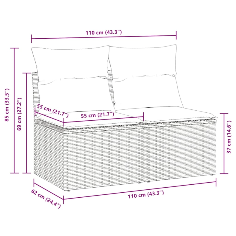vidaXL 2-daļīgs dārza dīvāna komplekts, matrači, melna PE rotangpalma