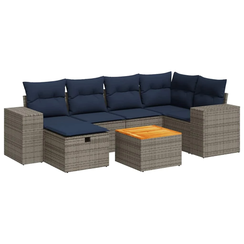 vidaXL 7-daļīgs dārza dīvāna komplekts, matrači, pelēka PE rotangpalma