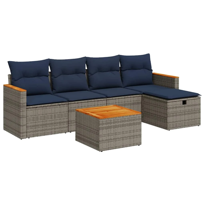 vidaXL 6-daļīgs dārza dīvāna komplekts ar matračiem, pelēks PE pinums