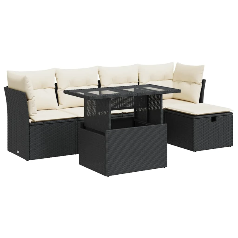 vidaXL 6-daļīgs dārza dīvāna komplekts, matrači, melna PE rotanpalma