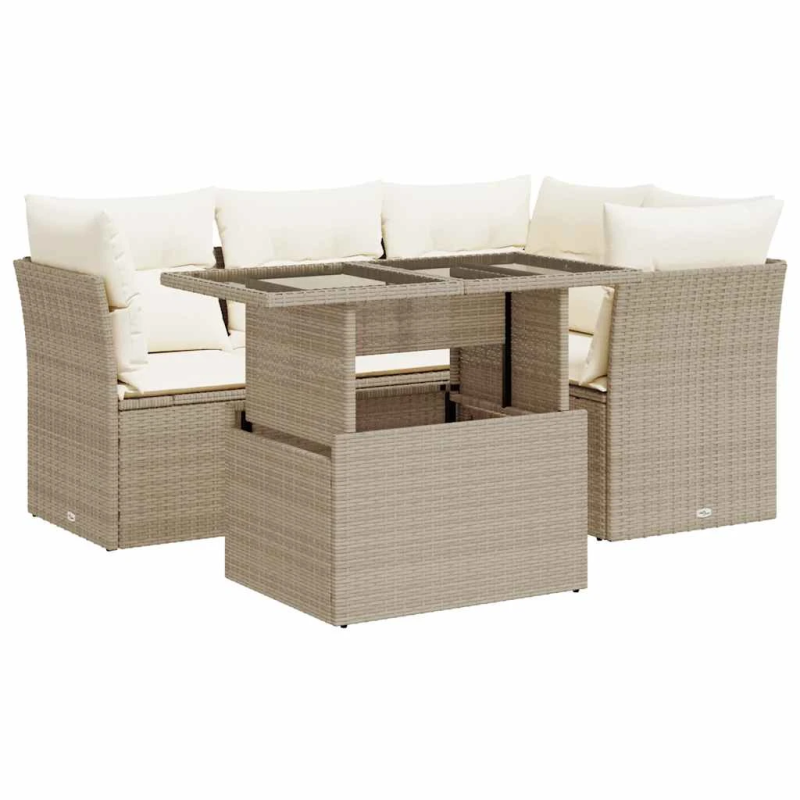 vidaXL 5-daļīgs dārza dīvāna komplekts, matrači, bēša PE rotangpalma