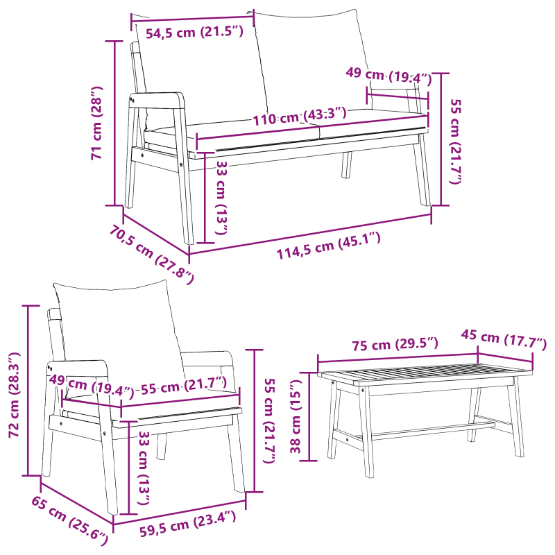 vidaXL Bistro komplekts ar spilvenu 5 pcs Brūna Cietā akācijas koks
