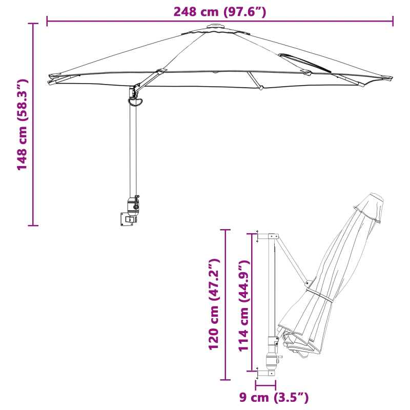 vidaXL Dārza parasols Bordo sarkans 248 x 248 x 148 cm