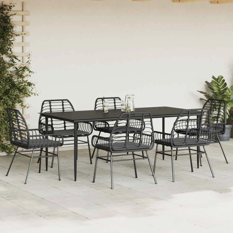 vidaXL 7-daļīgs dārza mēbeļu komplekts, matrači, melna PE rotangpalma