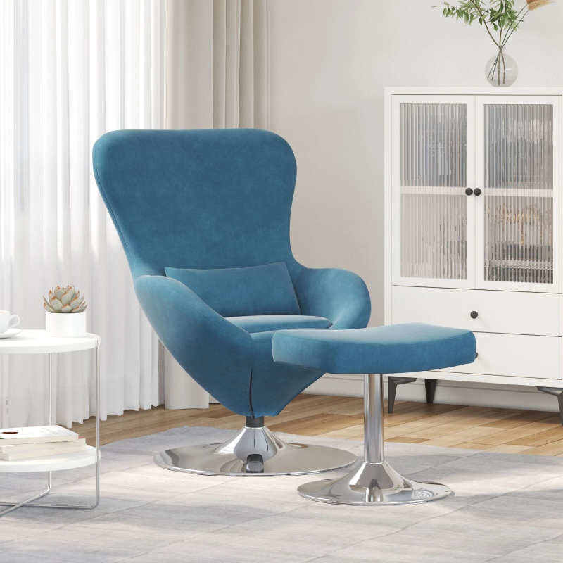 vidaXL Olas krēsls ar pufu with Footstool Zila 63 x 73 x 90 cm Samts