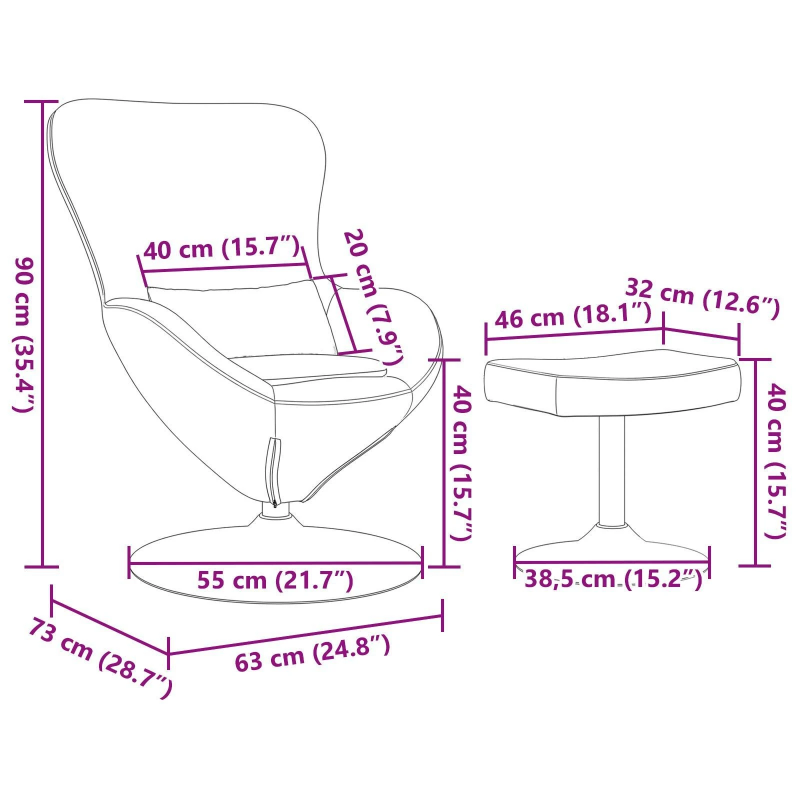 vidaXL Olas krēsls ar pufu Rozā 63 x 73 x 90 cm Samts