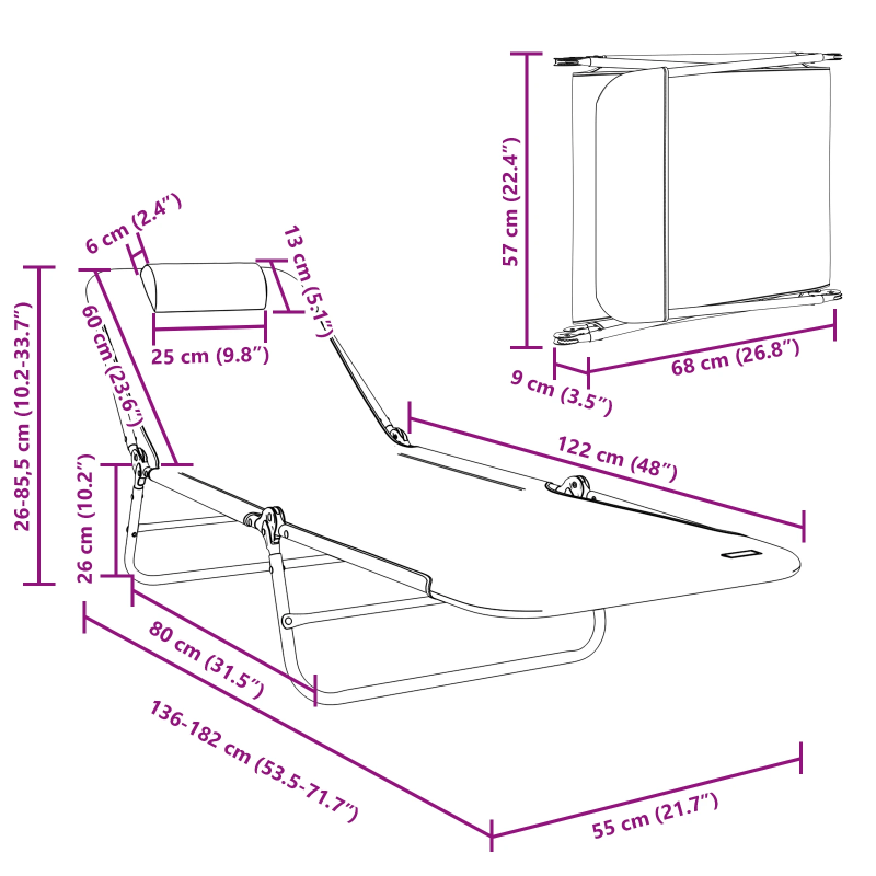 vidaXL Saliekamais sauļošanās krēsls 2 pcs Melna 182 x 55 x 85,5 cm