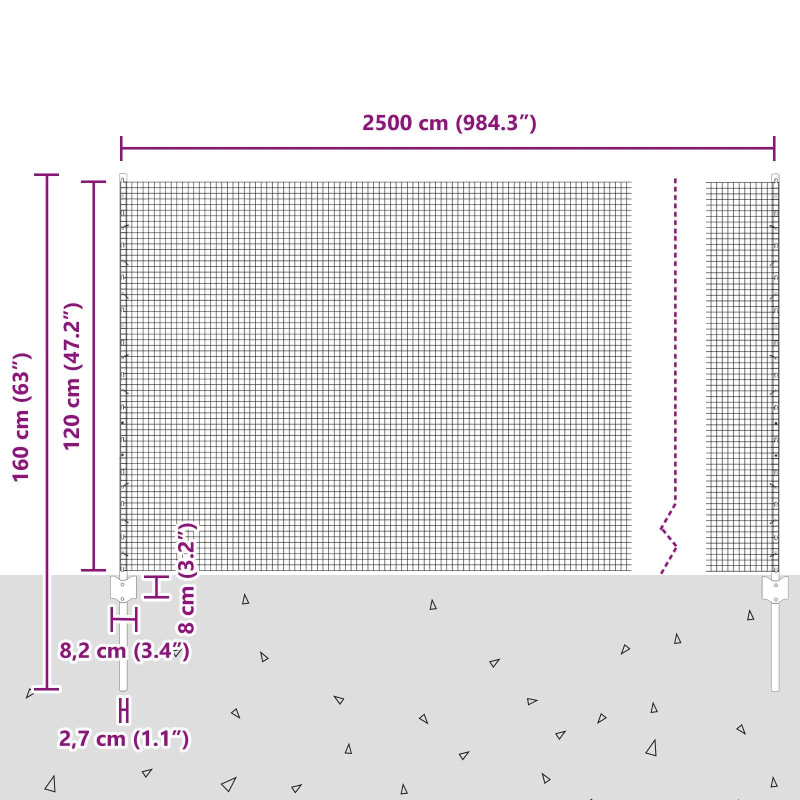 vidaXL Žogs ar stabu Pelēka 1,2 x 25 m Tērauds un PVC