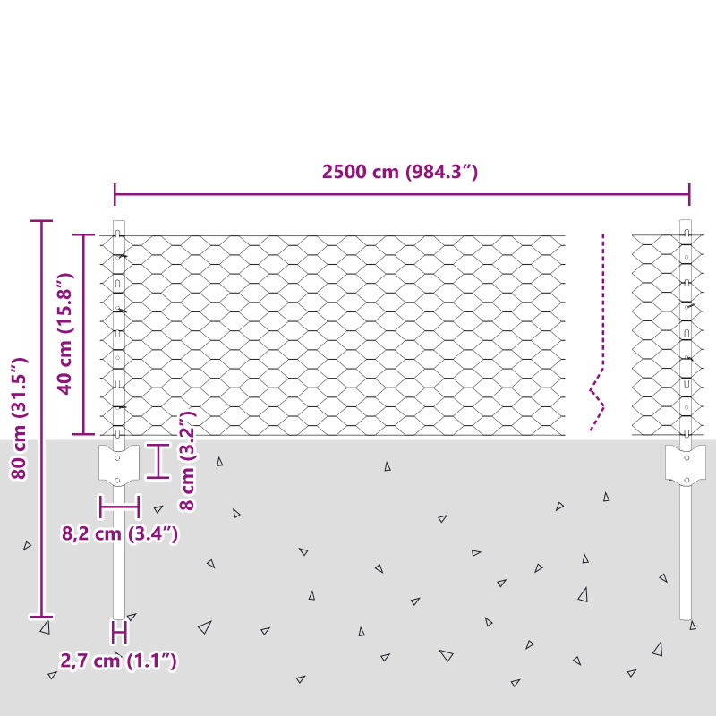 vidaXL Žogs ar stabu Pelēka 0,4 x 25 m Tērauds