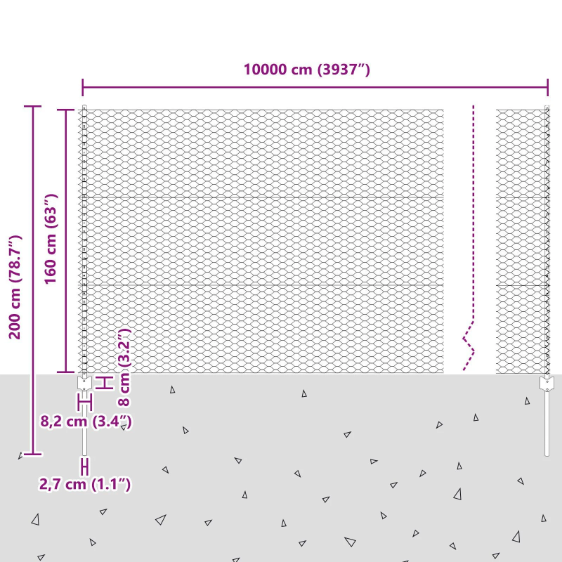 vidaXL Žogs ar stabu Pelēka 1,6 x 100 m Tērauds un PVC