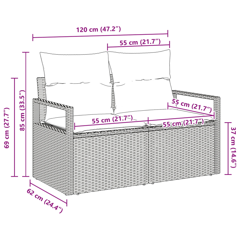 vidaXL Dārza dīvāns ar spilvenu 120 x 62 x 69 cm poliratāns