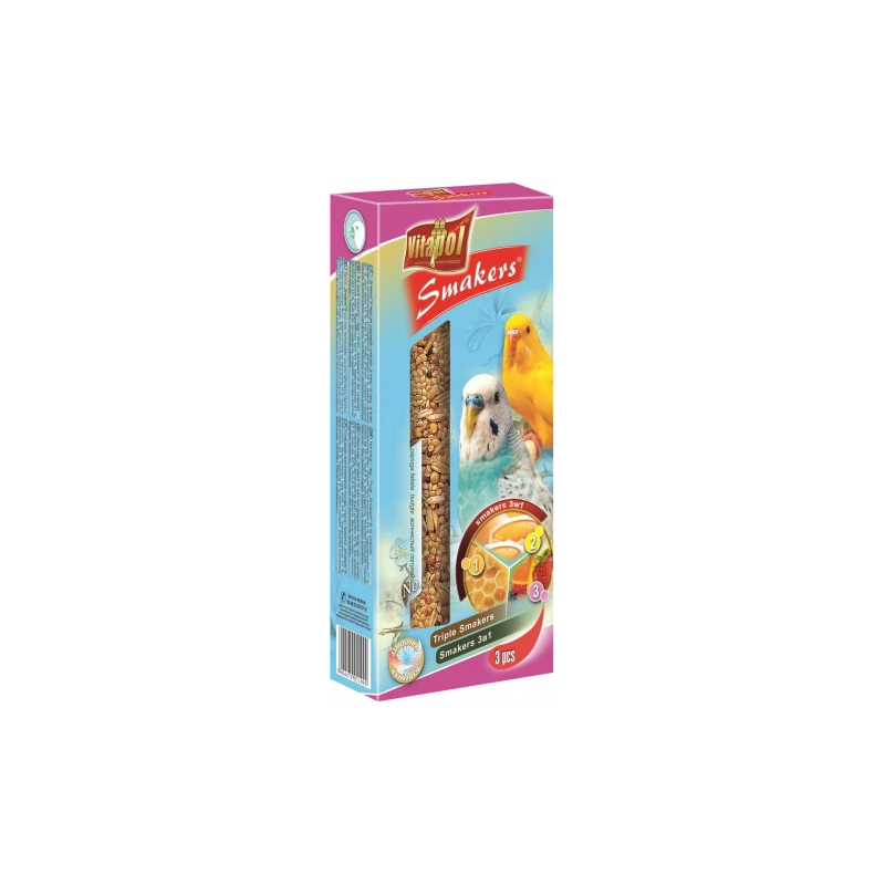 STANDARD Smakers 3in1,egg-honey-fruit, for budgie 3pcs 130g - Vitapol nūjiņas ar medu- ar olu- ar augļiem 3in1viļņainajiem
