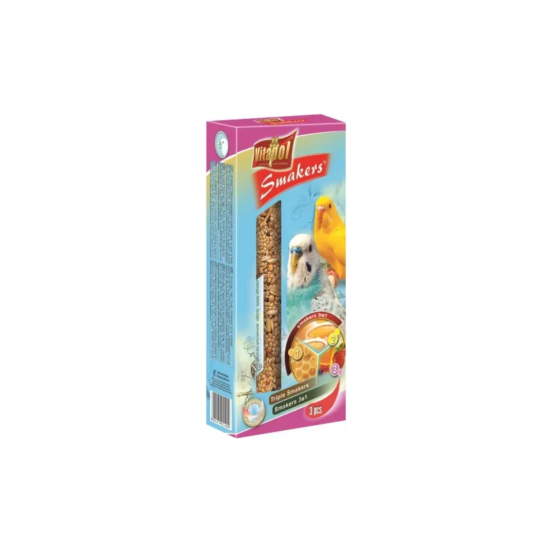 STANDARD Smakers 3in1,egg-honey-fruit, for budgie 3pcs 130g - Vitapol nūjiņas ar medu- ar olu- ar augļiem 3in1viļņainajiem