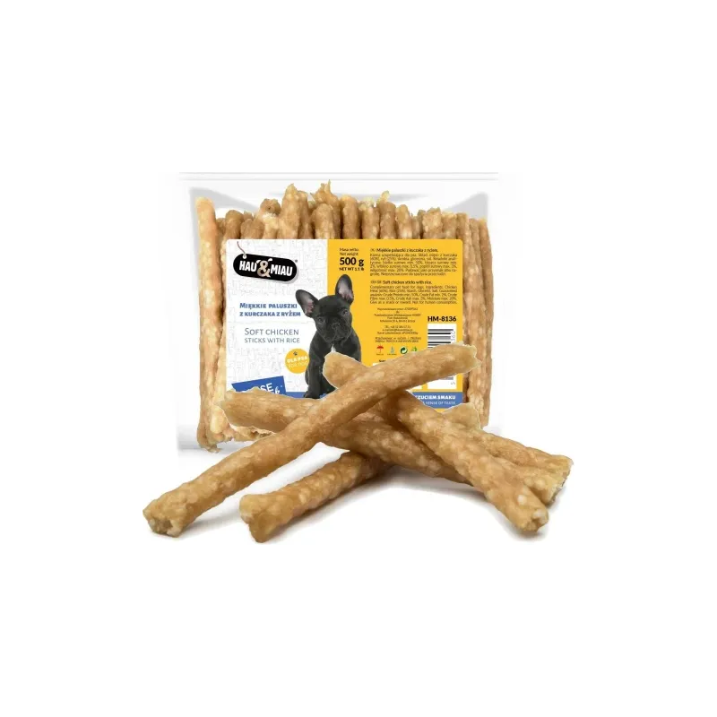 HAU & MIAU soft chicken sticks with rice 500g - papildbarība pieaugušiem suņiem, mīkstās vistas nūjiņas ar rīsiem