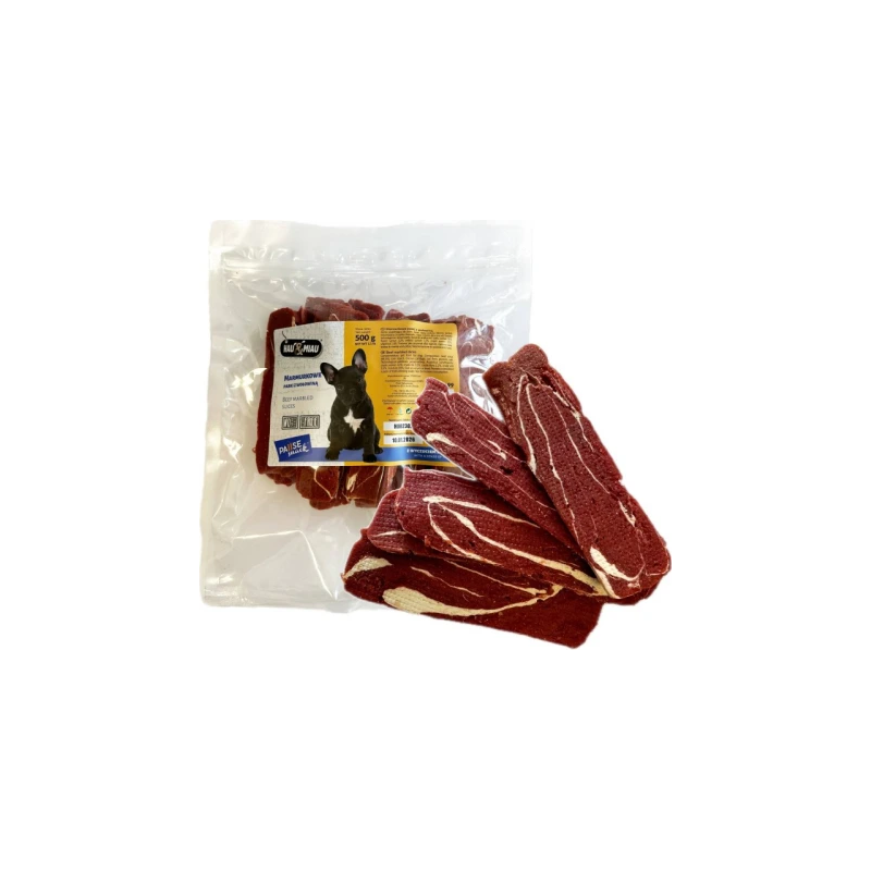 HAU & MIAU marbled beef strips 500g - Papildbarība pieaugušiem suņiem, marmora lielopu gaļas šķēlītes
