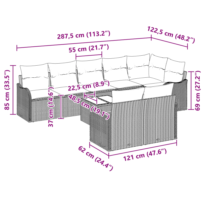 vidaXL Dārza dīvānu komplekts 9 pcs Melna poliratāns