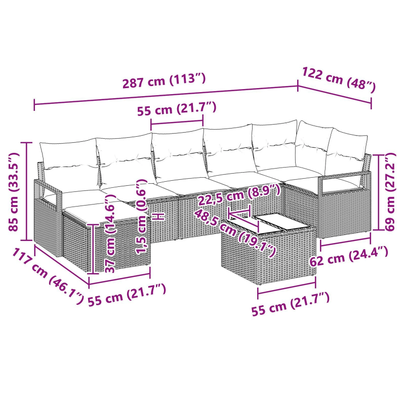 vidaXL Dīvānu komplekts ar spilvenu 8 pcs Melna poliratāns