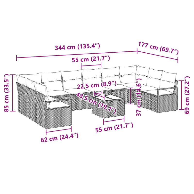 vidaXL Dīvānu komplekts ar spilvenu 11 pcs Melna poliratāns