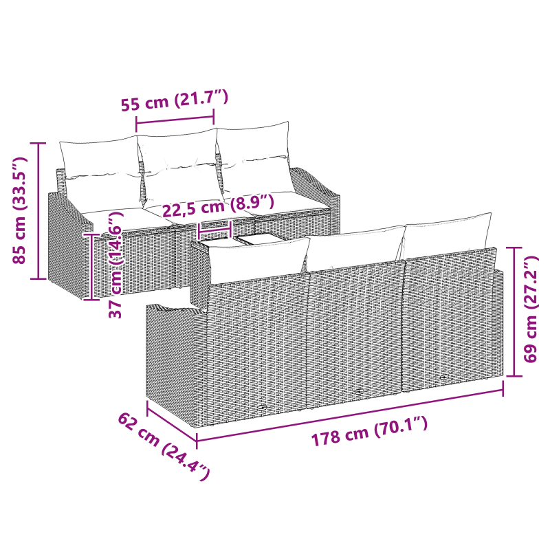 vidaXL Dīvānu komplekts ar spilvenu 7 pcs Pelēka poliratāns