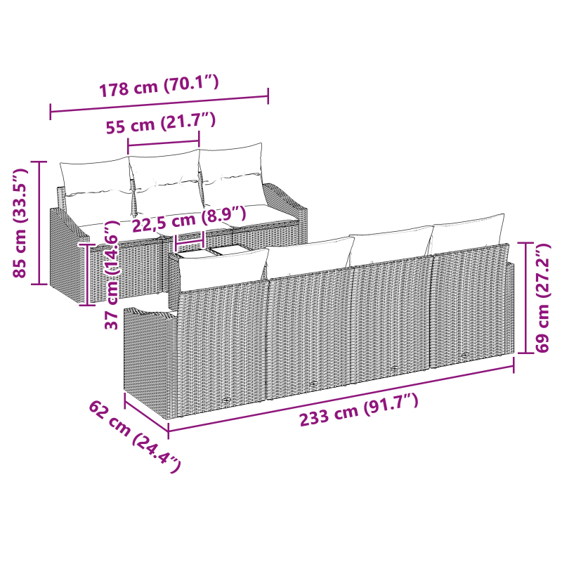 vidaXL Dīvānu komplekts ar spilvenu 8 pcs Gaiši pelēks poliratāns