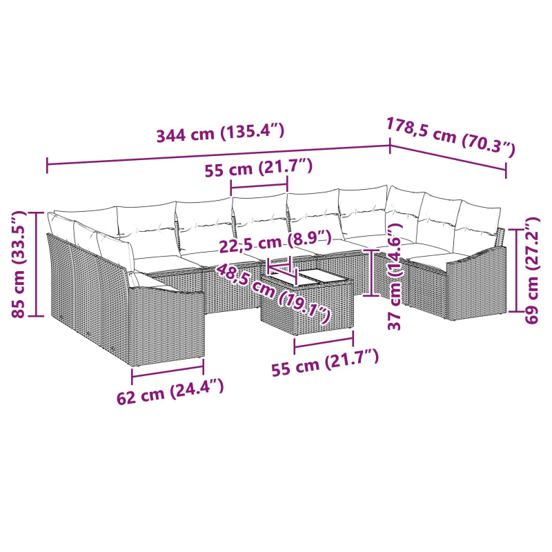 vidaXL Dīvānu komplekts ar spilvenu 11 pcs Pelēka poliratāns