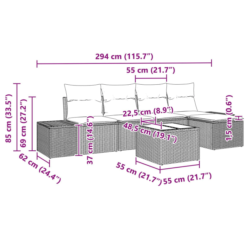 vidaXL Dārza dīvānu komplekts ar spilvenu 6 pcs Brūna poliratāns