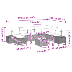 vidaXL Dārza dīvānu komplekts ar spilvenu 9 pcs Melna poliratāns