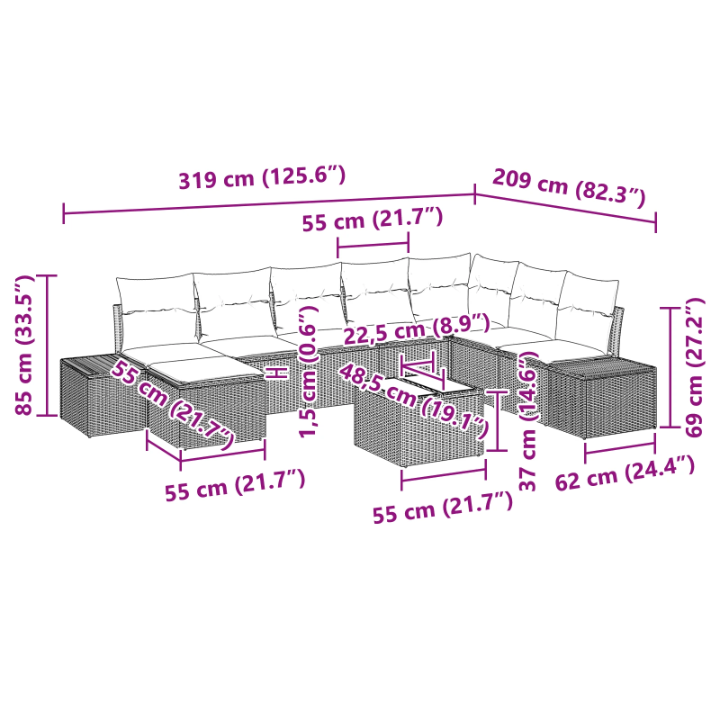 vidaXL Dārza dīvānu komplekts ar spilvenu 9 pcs Melna poliratāns