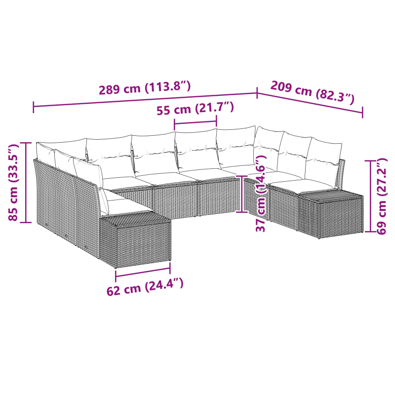 vidaXL Dārza dīvānu komplekts ar spilvenu 9 pcs Melna poliratāns
