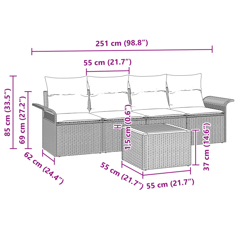 vidaXL Dārza dīvānu komplekts ar spilvenu 5 pcs Bēša poliratāns