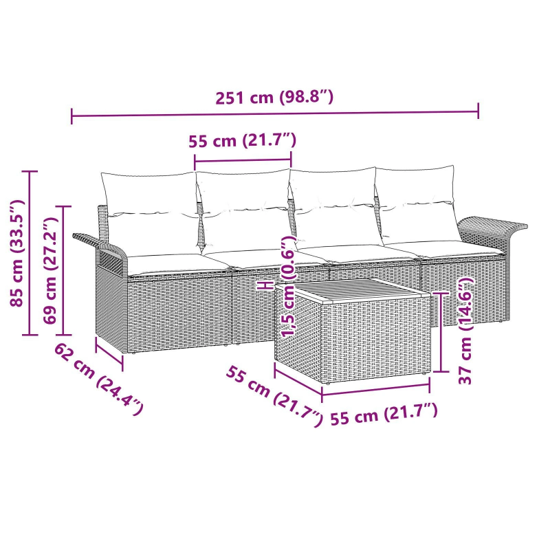 vidaXL Dārza dīvānu komplekts ar spilvenu 5 pcs Melna poliratāns
