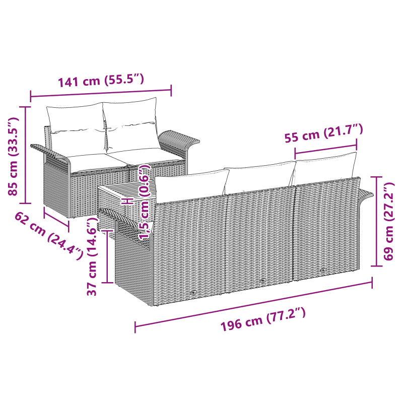 vidaXL Dārza dīvānu komplekts ar spilvenu 6 pcs Melna poliratāns