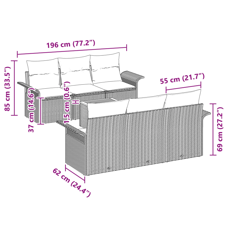 vidaXL Dārza dīvānu komplekts ar spilvenu 7 pcs Bēša poliratāns