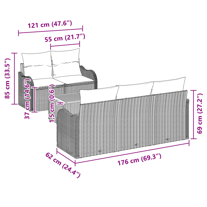 vidaXL Dārza dīvānu komplekts ar spilvenu 6 pcs Melna poliratāns